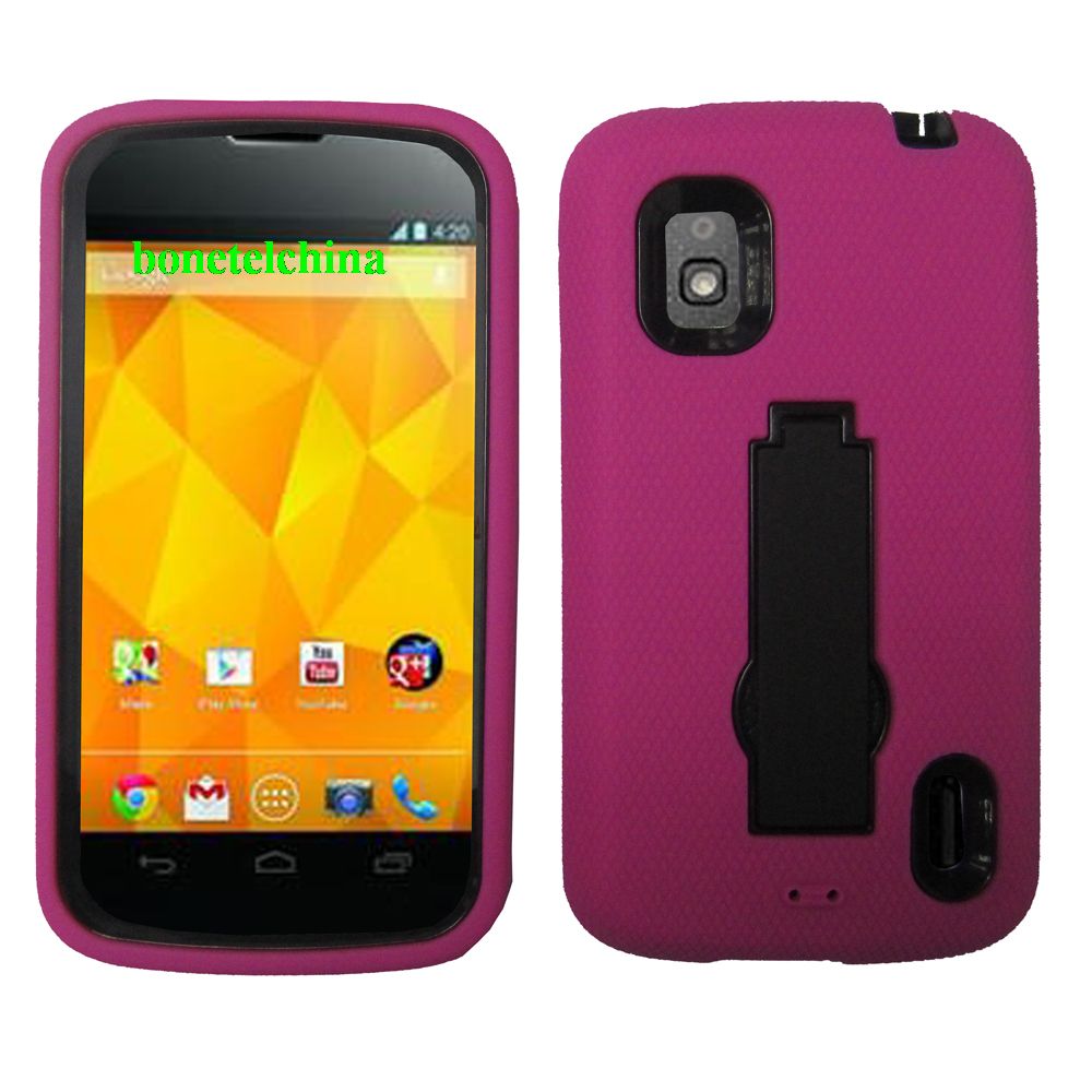 Robot Defender Case Silicone+PC Anti Impact Hybrid Case Kickstand Shell for LG E960(Nexus4) Pink