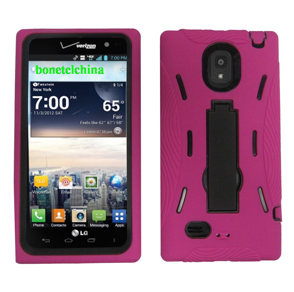 Robot Defender Case Silicone+PC Anti Impact Hybrid Case Kickstand Shell for LG Spectrum 2 VS930 Pink.