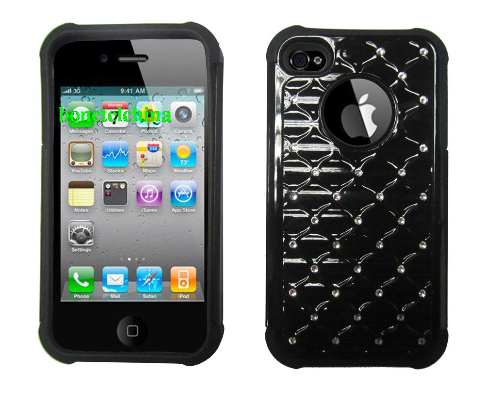 2 IN 1 SILICON+ PC HYBRID COMBO DIAMOND SHINY CASES FOR IPHONE 4 4S BLACK