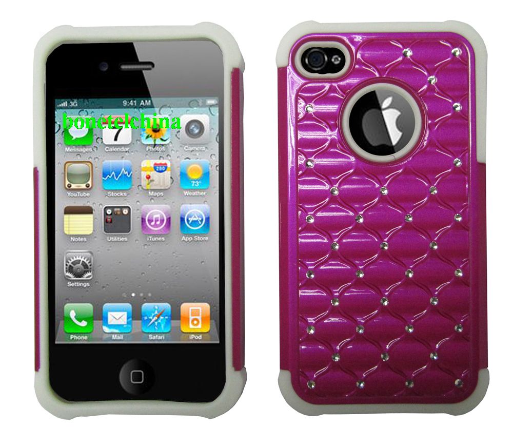 2 IN 1 SILICON+ PC HYBRID COMBO DIAMOND SHINY CASES FOR IPHONE 4 4S HOTPINK & WHITE