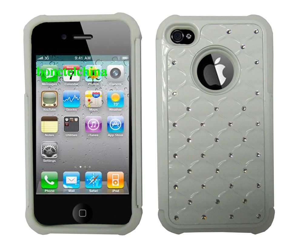 2 IN 1 SILICON+ PC HYBRID COMBO DIAMOND SHINY CASES FOR IPHONE 4 4S WHITE