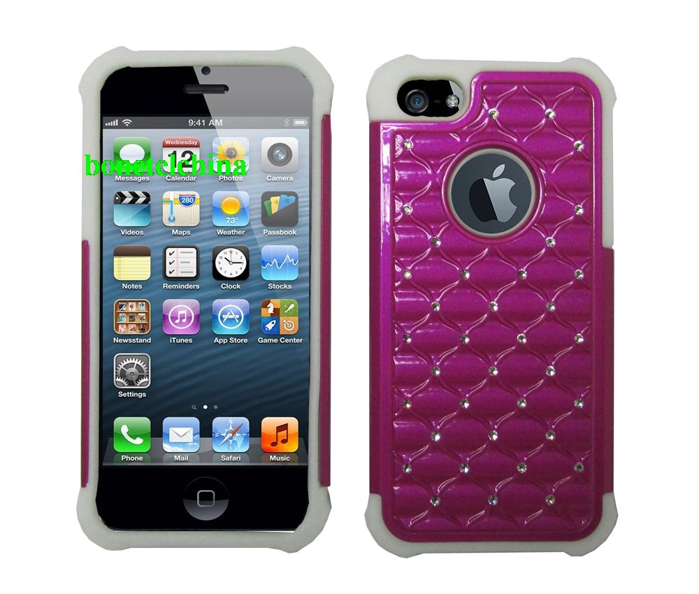 2 IN 1 SILICON+ PC HYBRID COMBO DIAMOND SHINY CASES FOR IPHONE 5 HOT PINK