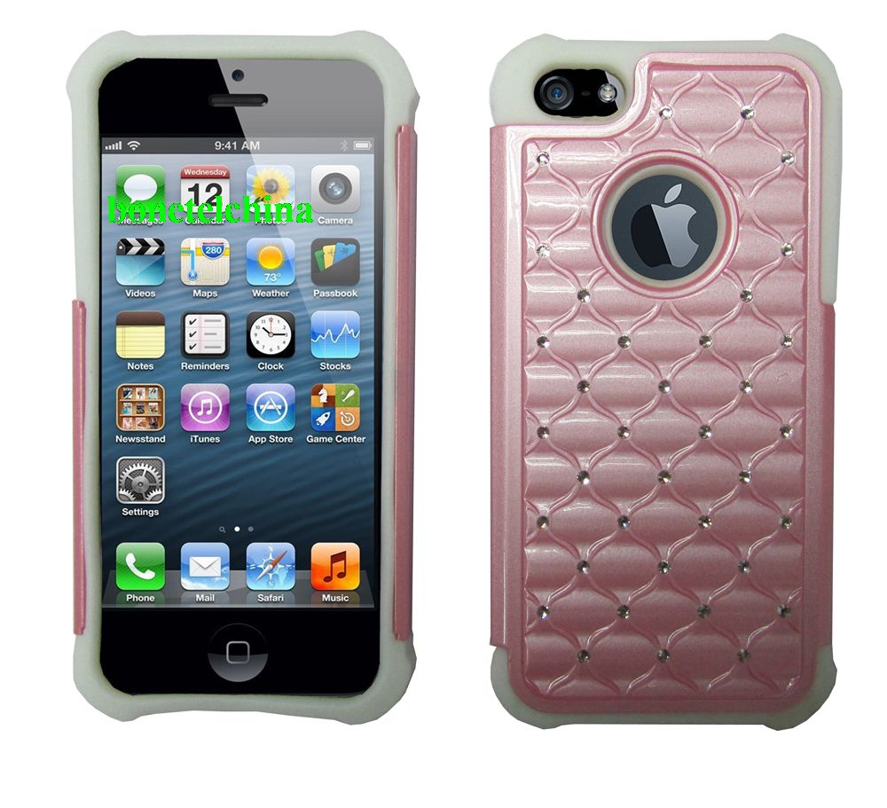 2 IN 1 SILICON+ PC HYBRID COMBO DIAMOND SHINY CASES FOR IPHONE  5 PINK & WHITE