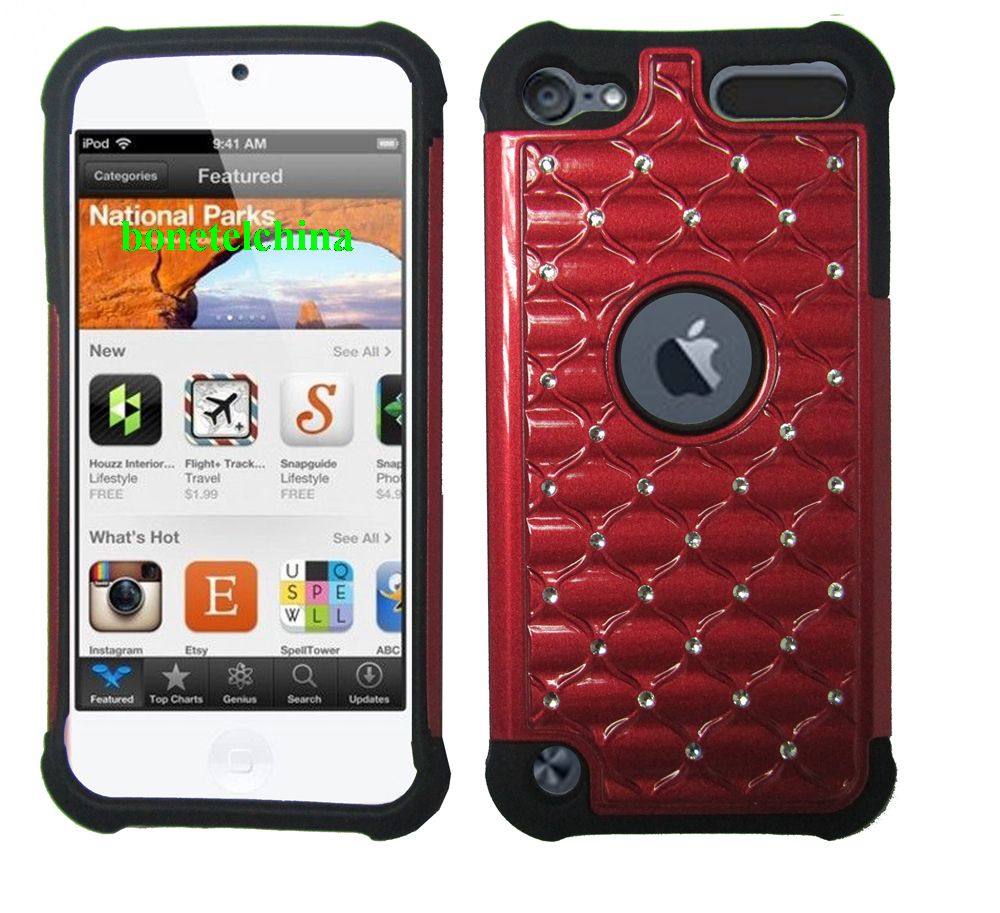 2 IN 1 SILICON+ PC HYBRID COMBO DIAMOND SHINY CASES FOR IPOD TOUCH 5 RED