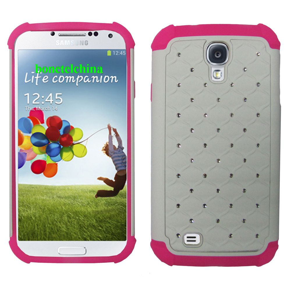 2 IN 1 SILICON+ PC HYBRID COMBO DIAMOND SHINY CASES FOR SAMSUNG GALAXY S4 IV I9500 I9505 PINK WHITE