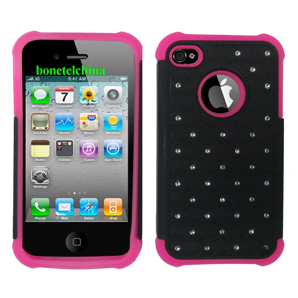 2 IN 1 SILICON+ PC HYBRID COMBO DIAMOND SHINY CASES FOR IPHONE 4 4S Pink Black