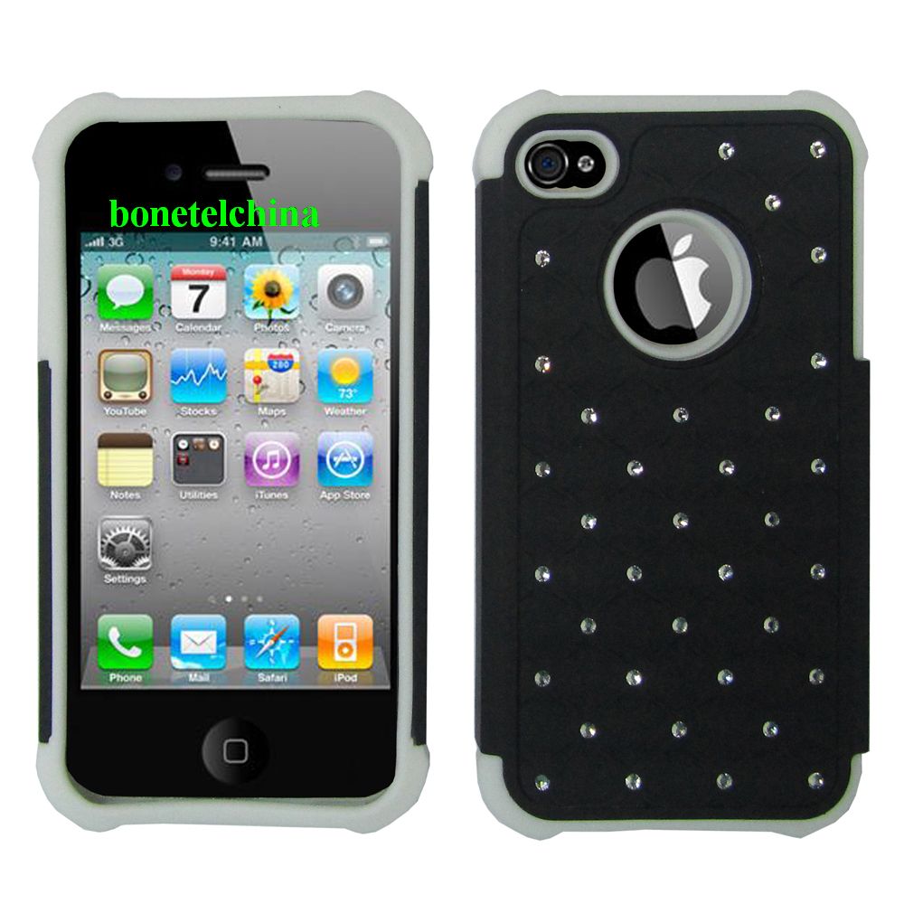 2 IN 1 SILICON+ PC HYBRID COMBO DIAMOND SHINY CASES FOR IPHONE 4 4S WHITE BLACK