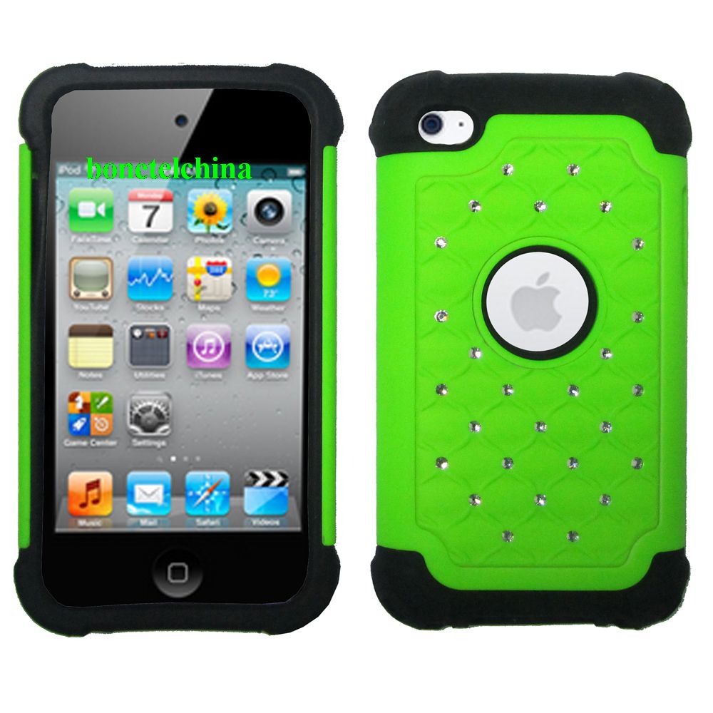 2 IN 1 SILICON+ PC HYBRID COMBO DIAMOND SHINY CASES FOR IPOD TOUCH 4 GREEN