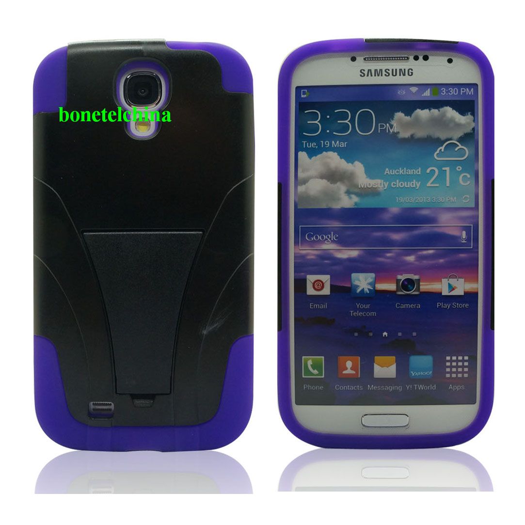 Robot defender case   Silicone+PC Anti Impact Hybrid Case Kickstand shell For Samsung Galaxy S4 Purple