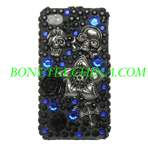 Apple iPhone 4 3D Full Diamond Case - Black with Blue Dot and Skull Design