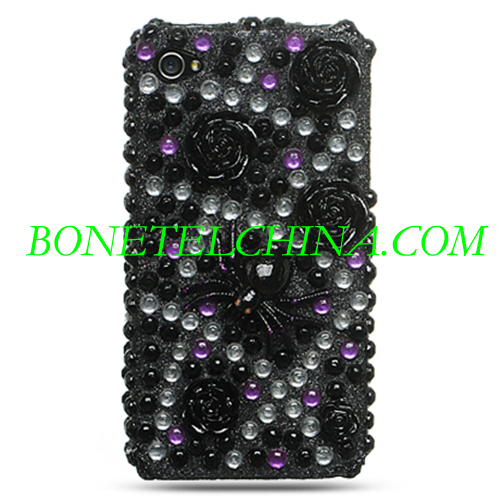 Apple iPhone 4 Case 3D Diamond completa - Negro con flores y diseño de araña