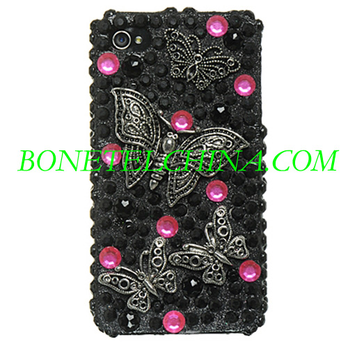 Apple iPhone 4 3D Full Diamond Case - Black with Butterfly Design