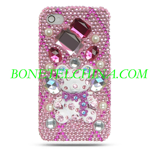 Apple iPhone 4 3D Full Diamond Case - Hot Pink with Bear Design