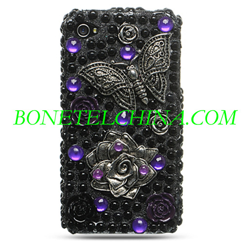 Apple iPhone 4 3D Full Diamond Case - Black with Flower and Butterfly Design