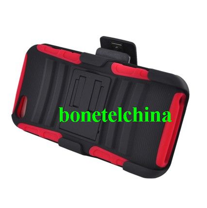 FOR IPHONE 5 RED SKIN CASE HYBRID CASE BLACK with Stand & BLACK HOLSTER