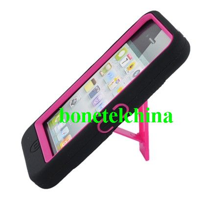 FOR IPHONE 5 BLACK SKIN CASE HYBRID CASE HOT PINK with Stand
