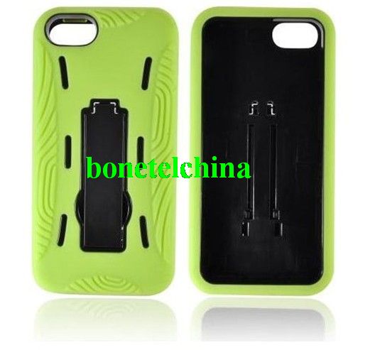 FOR IPHONE 5 ARMOR COVER Apple Iphone 5 Silicone Over Hard Plastic Snap On Case Cover W/ Stand - Neon Green/ Black