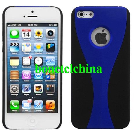 For New APPLE iPhone 5 Wave Slim Back Phone Case Cover Blue/Black Rubberized