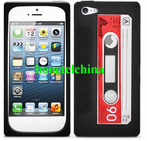 Retro Soft Silicone Cassette Tape Case Cover for Apple iPhone 5 - Black / Red - SIL3771