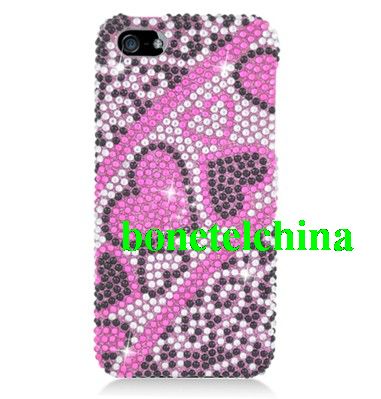 FOR IPHONE 5 Full Diamond Protector COVER Heart Pink Black 384