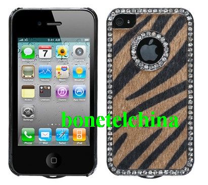 Exotic Leather Diamond Gunmetal Case and Screen Protector for Apple iPhone 4 / 4S (Zebra Fur Brown)