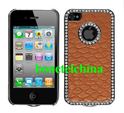Exotic Leather Diamond Gunmetal Case and Screen Protector for Apple iPhone 4 / 4S (Snake Skin Orange)