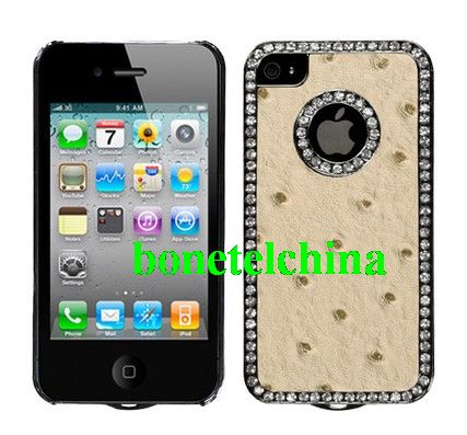 Exotic Leather Diamond Gunmetal Case and Screen Protector for Apple iPhone 4 / 4S (Ostrich Sandybrown)