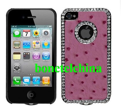 Exotic Leather Diamond Gunmetal Case and Screen Protector for Apple iPhone 4 / 4S (Ostrich Hot Pink)