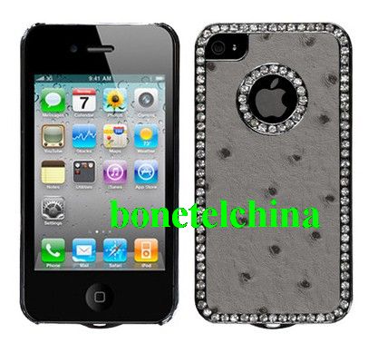 Exotic Leather Diamond Gunmetal Case and Screen Protector for Apple iPhone 4 / 4S (Ostrich Grey)