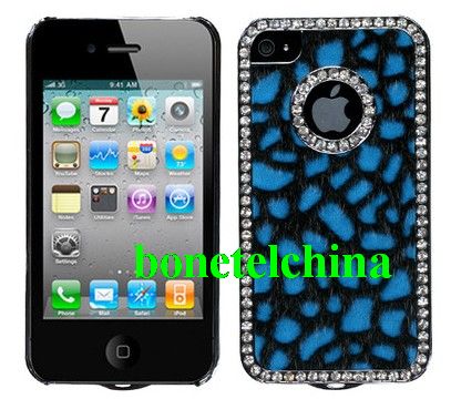 Exotic Leather Diamond Gunmetal Case and Screen Protector for Apple iPhone 4 / 4S (Leopard Fur Blue)