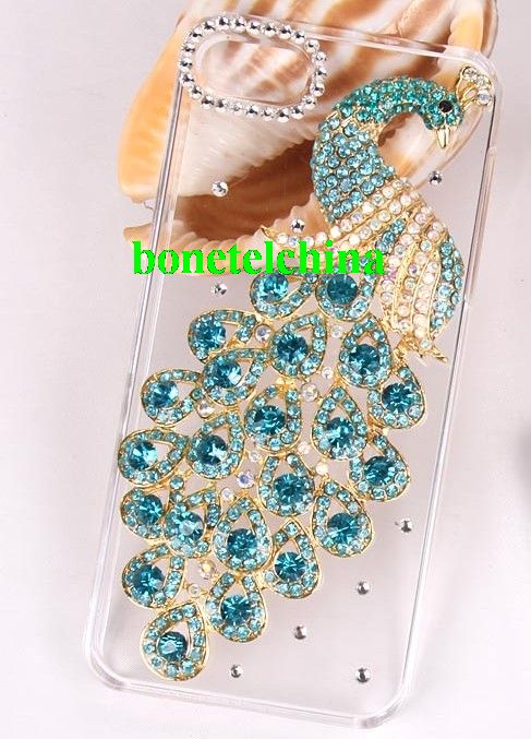 clear green peacock diamond crytal battery hard case cover for iphone 5 5g 5S