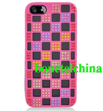 FOR IPHONE 5 HYBRID DIAMOND CASE BLACK SILICON HOT PINK HARD CASE 02