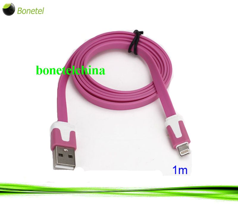 1M Two- color Noodle Flat USB Sync Data Charger Cable for iPhone 5 iPad 4 iPad Mini iPod Touch 5 Nano 7 - White   Pink