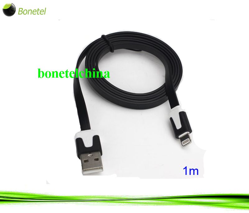 1M Two- color Noodle Flat USB Sync Data Charger Cable for iPhone 5 iPad 4 iPad Mini iPod Touch 5 Nano 7 - White  Black