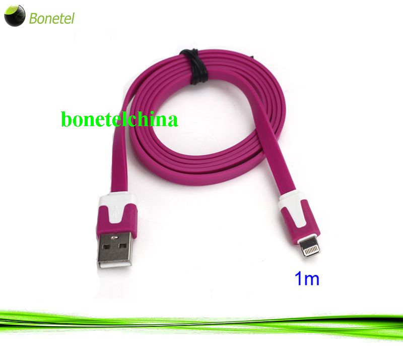1M Two- color Noodle Flat USB Sync Data Charger Cable for iPhone 5 iPad 4 iPad Mini iPod Touch 5 Nano 7 - White rose